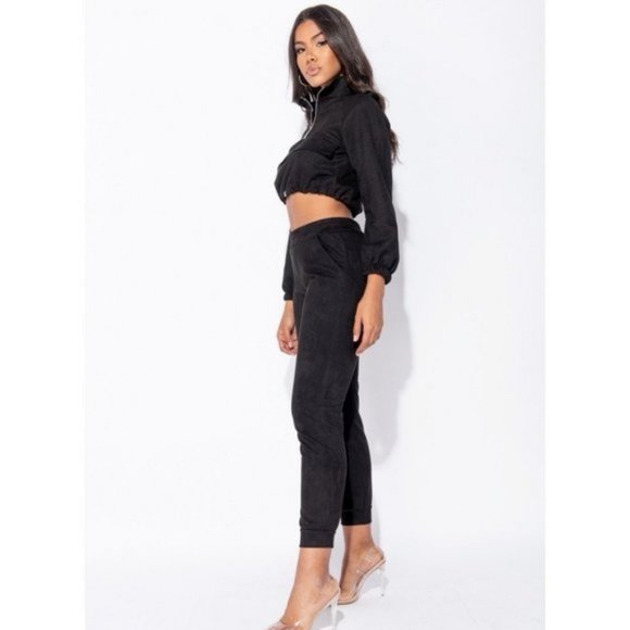 Black Suede Long Sleeve High Neck Crop Top and Jogger Pants Two Piece Set - Picture 3 of 6
